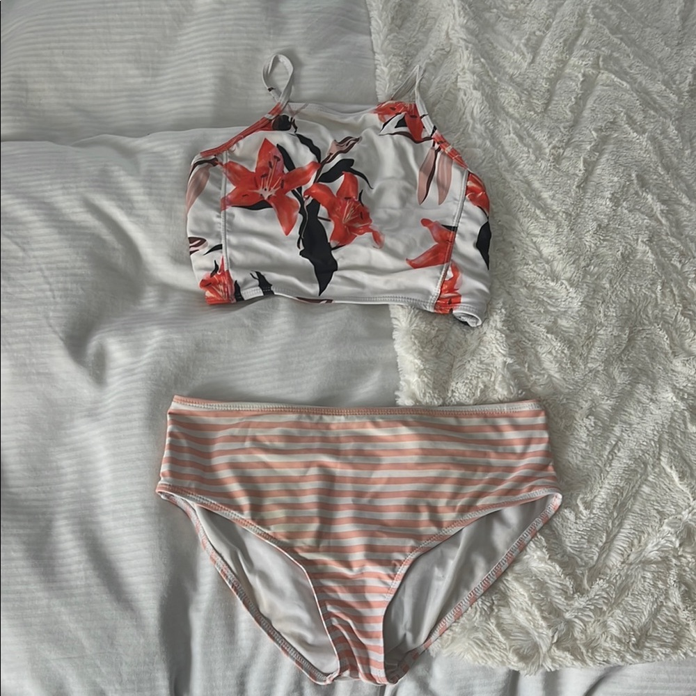 Floral and Striped Bikini Set